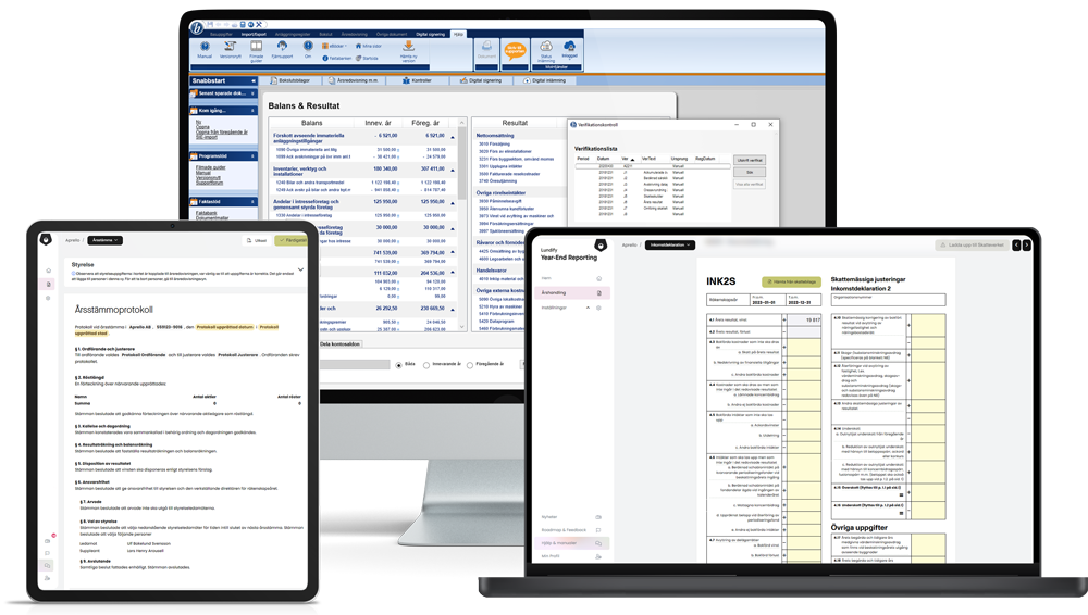 Skärmbilder som visar bokslutsprogram