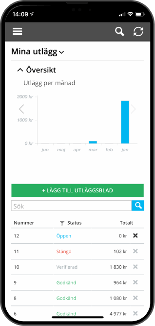 Mobilvy som visar utläggshantering i tidrapporteringssystemet QBIS