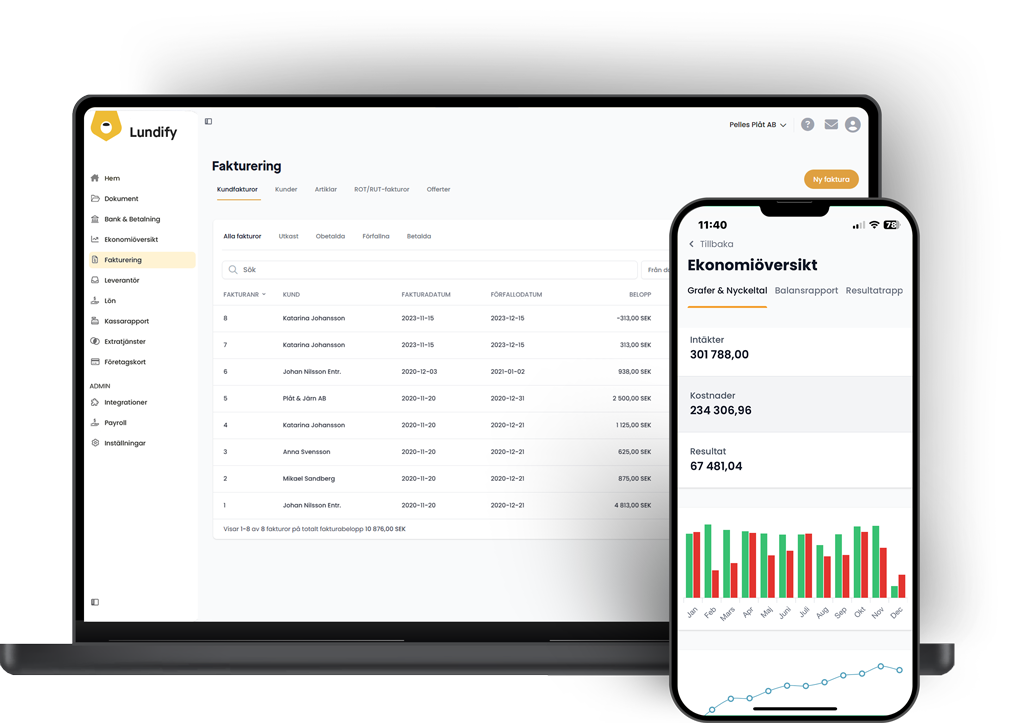 Skärmbild som visar Lundify faktureringsprogram