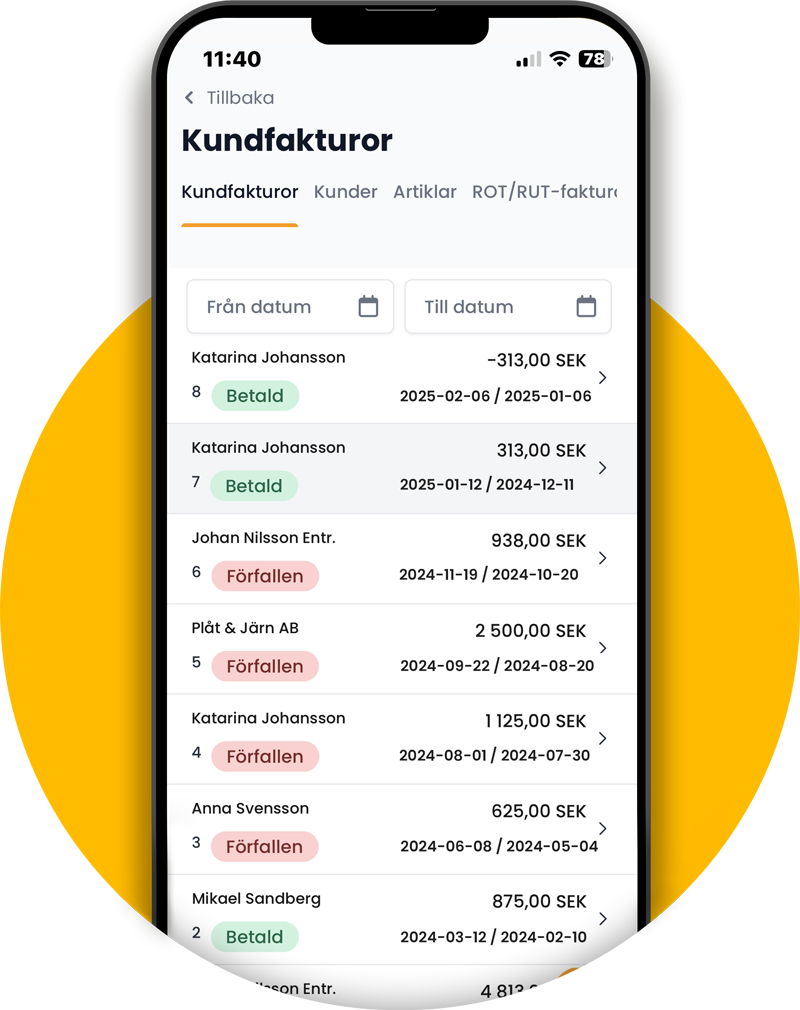 Skärmbild som visar faktureringsprogram från Bjorn Lunden