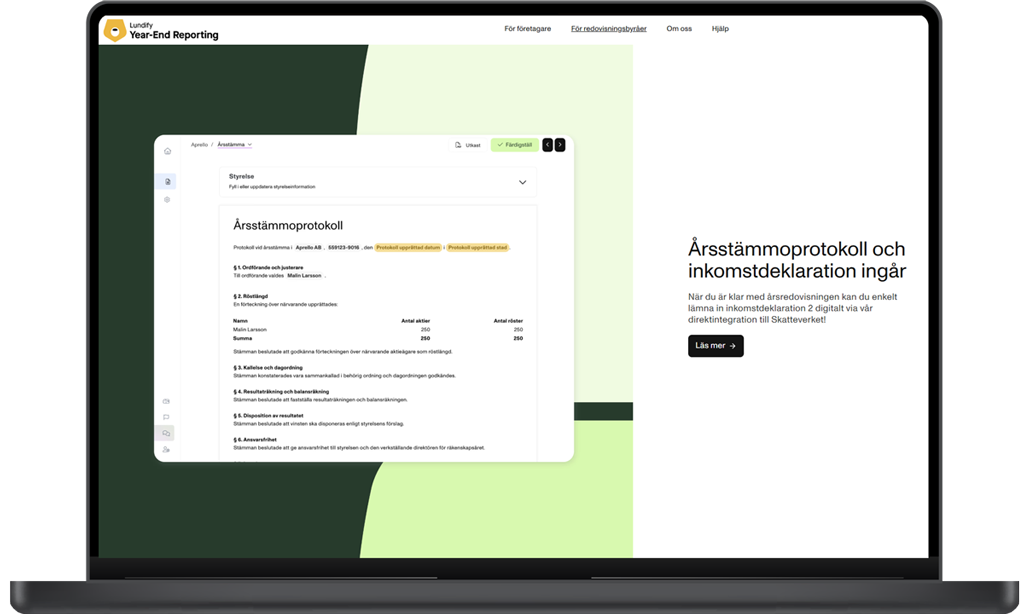 Skärmdump som visar digital  årsredovisning och inkomstdeklaration i Aprello