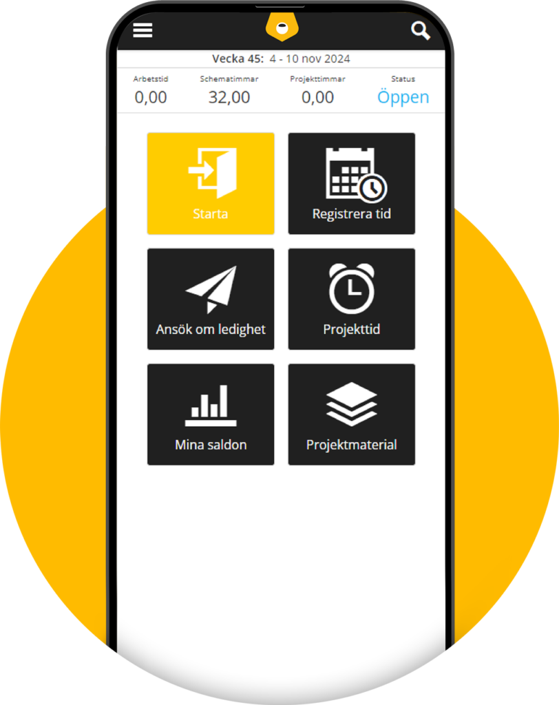 Mobilskärm som visar program för tidrapportering och projektredovisning
