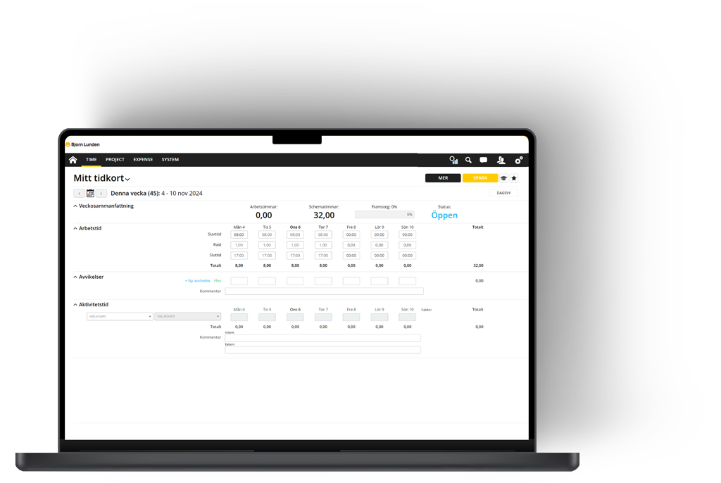 Skärmdump med laptop som visar QBIS Tidrapportering