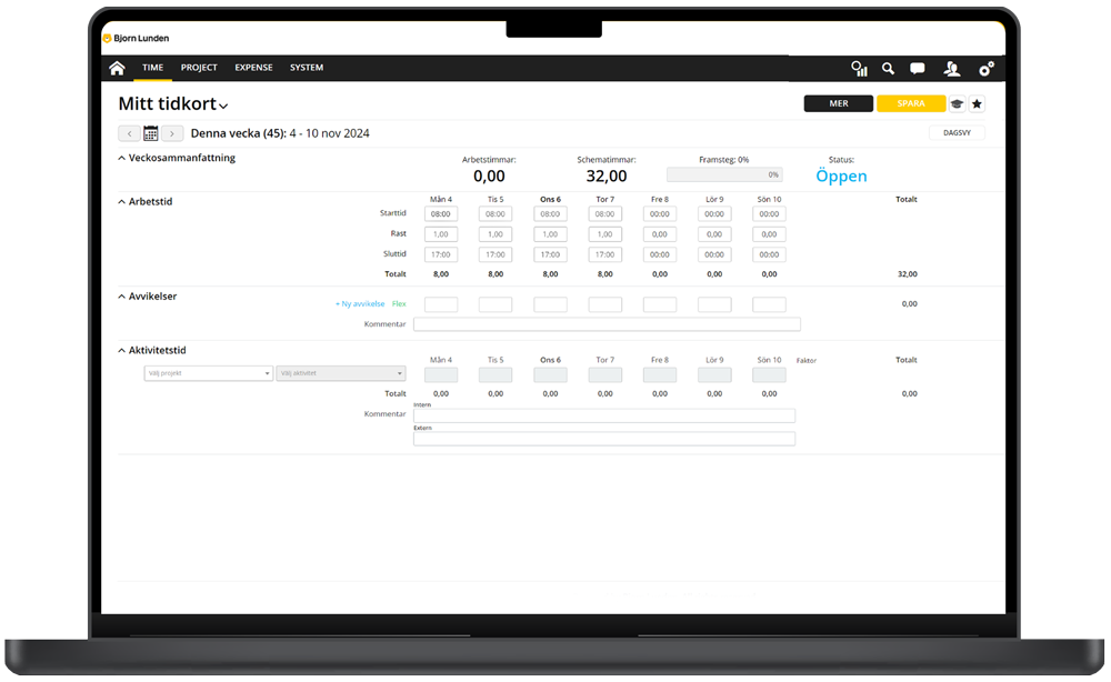 Datorskärm som visar program för tidrapportering och projektredovisning